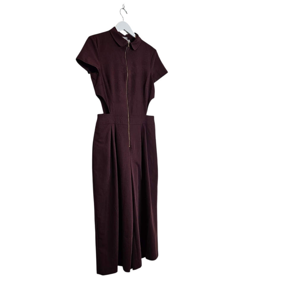 ASOS DESIGN Jumpsuit Size 6 70s Cutout Zip Front Wide Leg Utility Collared Brown